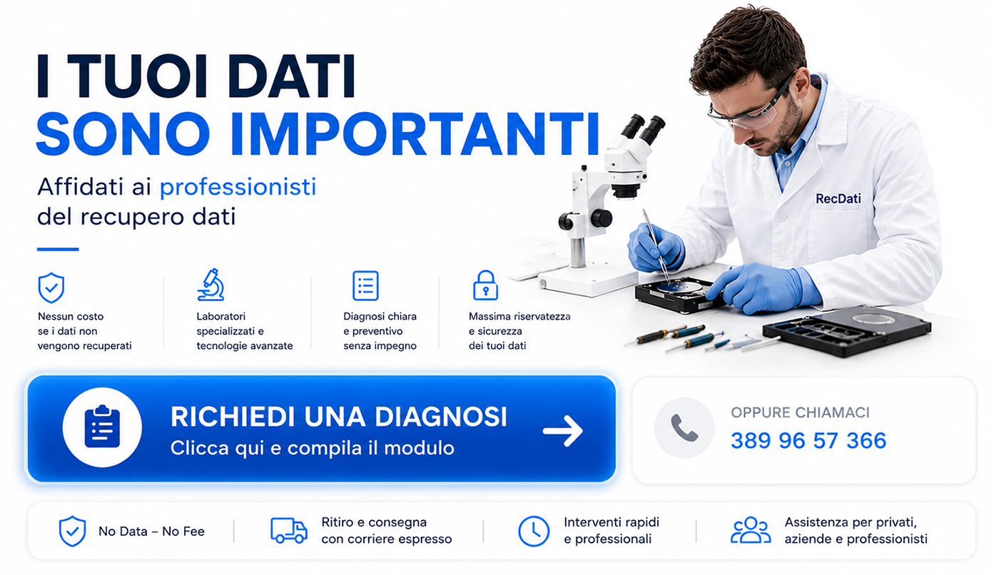 Tecnico specializzato nel recupero dati a Pescara durante la diagnosi di un hard disk danneggiato presso il laboratorio RecDati.