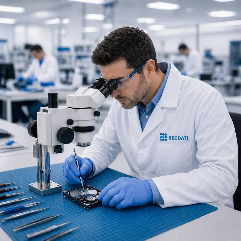 Tecnico specializzato nel recupero dati presso il centro RecDati di Pescara durante l'analisi di un hard disk danneggiato.